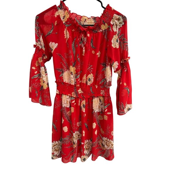 Red Floral Off Shoulder Dress With Smocked Waist Sheer Sleeves Sz Medium - Picture 1 of 11